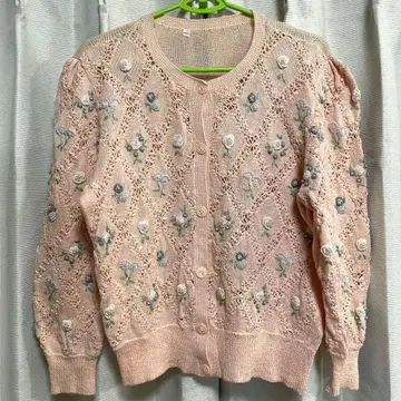핑크 레이스 꽃무늬 자수 모티브 가디건 입체 3D 시스루 펄
