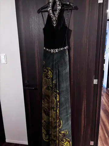 비쥬 장식 하이넥 롱 드레스