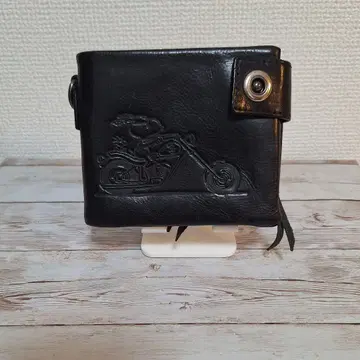 블랙 가죽 이단 접이식 지갑 바이커 디자인