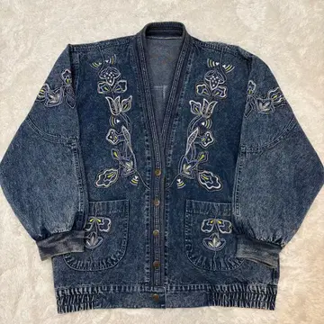 데님 자켓 자수 드롭 숄더 인디고