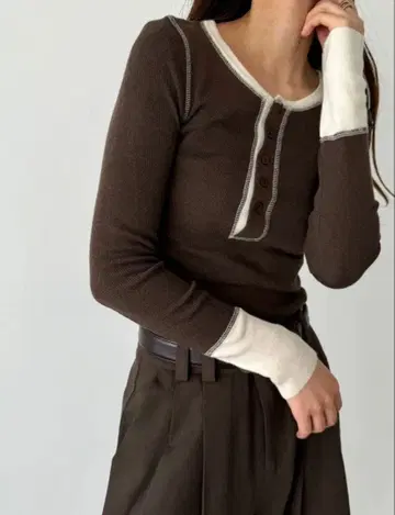 El mar CANALJEAN 배색 헨리 롱 T셔츠