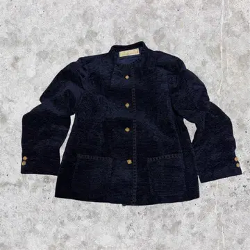 레트로 노카라 자켓 네이비 숏 기장 플레어 실루엣