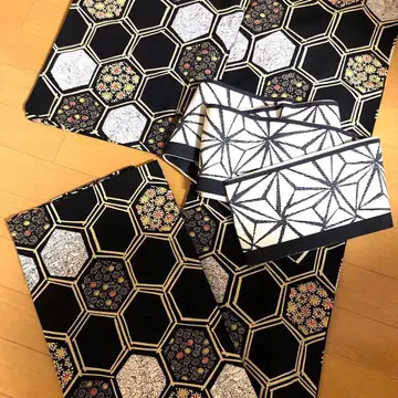 빈티지 울 단코몬 블랙 거북이 문양 일본 전통 꽃 + 덤 반폭 오비