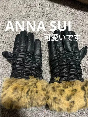 ANNA SUI 안나수이. 블랙 새틴 장갑 레오파드 퍼 포함. 새상품급.
