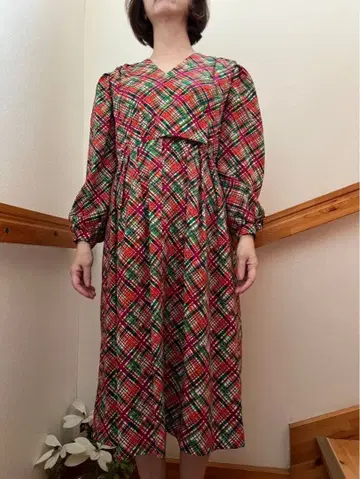 쇼와 레트로 원피스 빨간색 오렌지 체크 무늬 L 상당 긴팔 어깨 패드