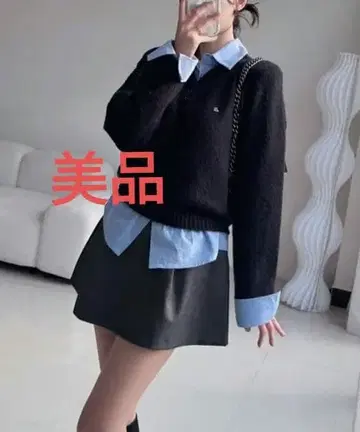 네이비 스카이블루 니트 도킹 셔츠