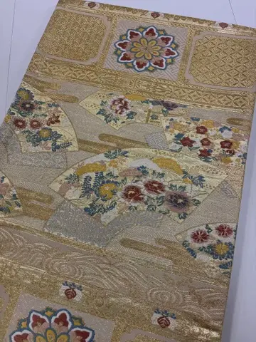 후쿠로 오비 쇼소인 문양 당직금 부채 문양 도라지 모란 골드 컬러 포멀