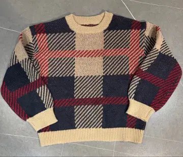 체크 무늬 니트 스웨터 M 상당 베이지 네이비 레드