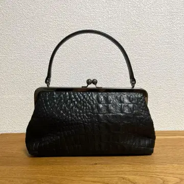 [ 새상품급 ] 천연 가죽 악어 엠보싱 가마구치 핸드백 블랙