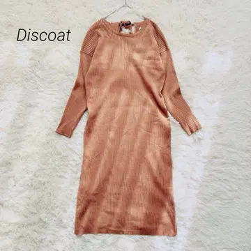 디스코트 니트 원피스 긴팔 무릎 기장 리브 리본 귀여운 베이지 F