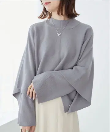 하이넥 케이프 소매 니트탑 그레이