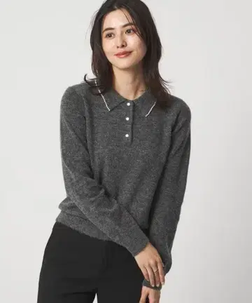 카라 부착 모조 진주 풀오버 니트 워셔블 다크 그레이