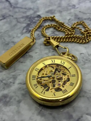 CITIZEN 수동 와인딩 회중시계 골드 양면 스켈레톤 포켓 워치