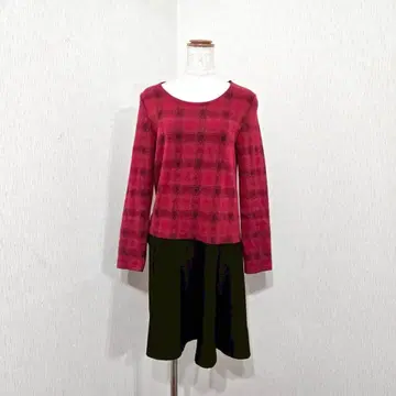 grove 체크 무늬 절개 원피스 레드 x 블랙 백리본