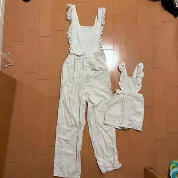 쁘띠마인리아 친자 커플 프릴 달린 스트라이프 오버롤 세트