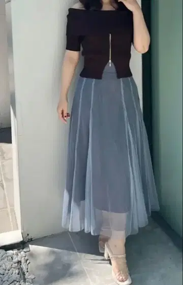 튤 플레어 롱 스커트 그레이