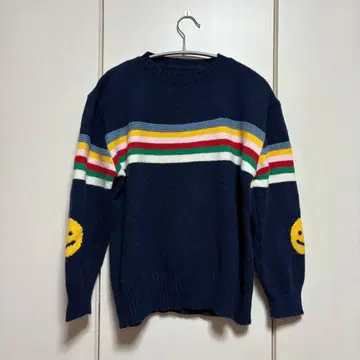 스마일리 페이스 자수 긴팔 니트 네이비 컬러 레인보우 무지개