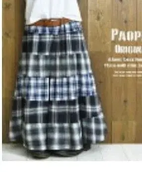 새상품급 PAOPAO 오리지널 체크 무늬 네이비 계열 플레어 롱 스커트