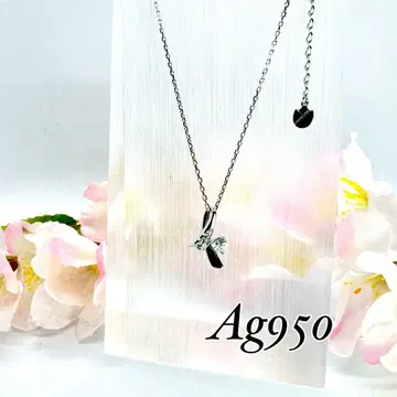 [ 거의 미사용 ] Ag950 리본 모티브 하트 스톤 부착 목걸이