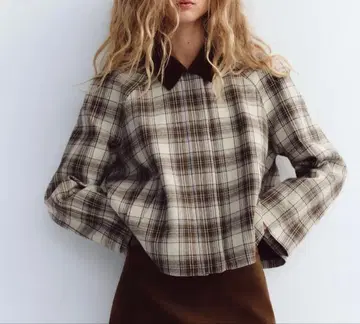 ZARA 체크 무늬 지퍼 블루종 짧은 기장 A라인 XS