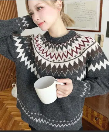 노르딕 무늬 긴팔 스웨터 그레이