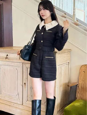 ROYALPARTY 퍼 달린 트위드 콤비네존