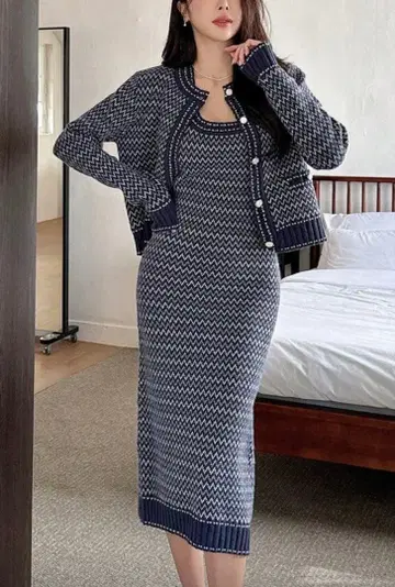 보더 니트 자켓 x 슬리브리스 원피스 네이비 M