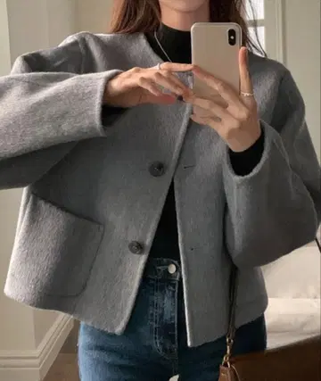 ONEP STAR 라운드 칼라 버튼 프론트 숏 자켓 그레이