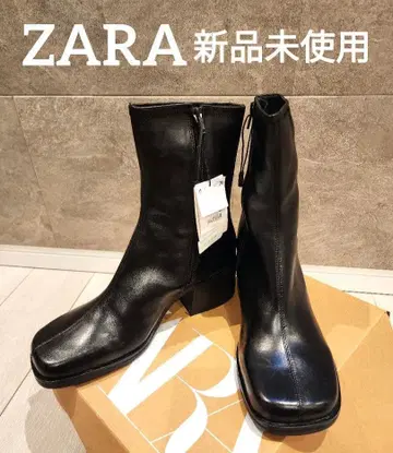 [ 미사용 새상품 ] ZARA 블랙 천연 가죽 스퀘어토 숏부츠 27cm