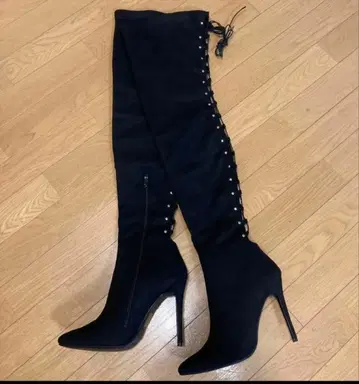 블랙 스웨이드 니하이 부츠 하이힐 레이스업