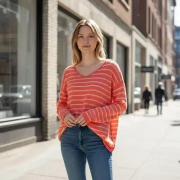 유니클로 캐시미어 100% 오렌지와 화이트 스트라이프 V넥 스웨터