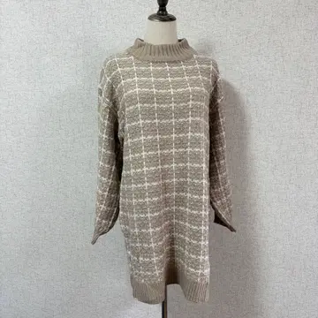 INGNI/베이지 체크 무늬 하이넥 니트 튜닉 M
