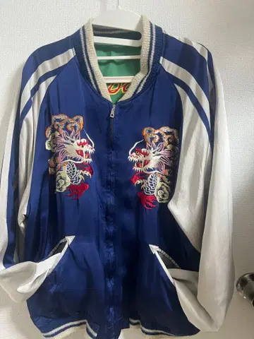 동양 스카잔 파랑과 화이트 호랑이와 드래곤 자수