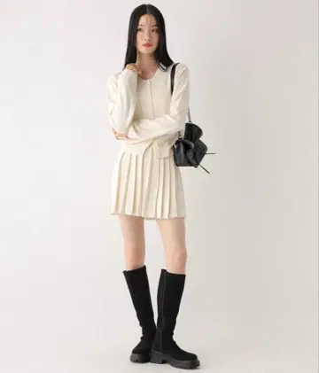 Heather 레이스 폴로 니트 가디건 레이스 플리츠 미니 스커트