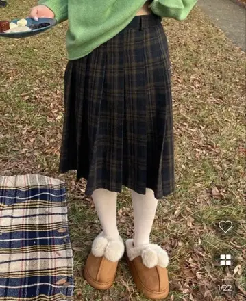 NUGU haku 울 체크 플리츠 미디엄 스커트