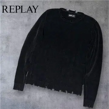 REPLAY 데미지 가공 크루넥 코튼 니트 블랙 그런지