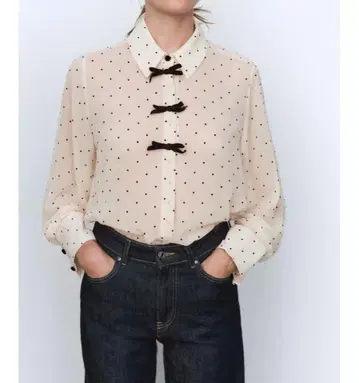 ZARA 도트 무늬 리본 포함 셔츠 XS