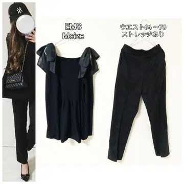 코디 세트 어깨 리본 페플럼 니트 센터 프레스 팬츠