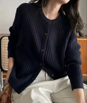 네이비 리브 긴팔 가디건