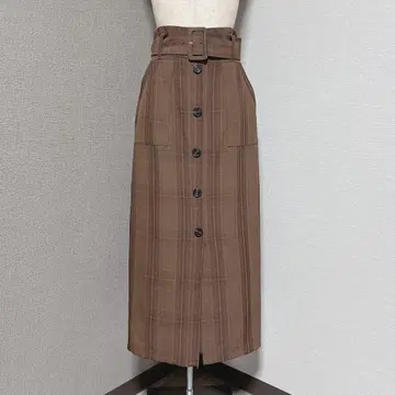 무루아 체크 벨트 타이트 롱 스커트 브라운
