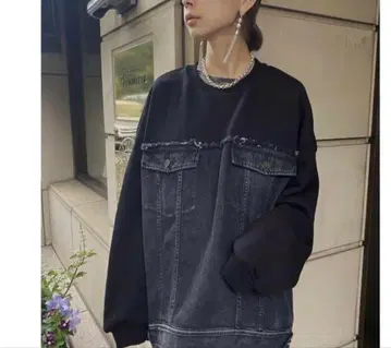 AMERI 아메리 데님 맨투맨 오버 탑 블랙