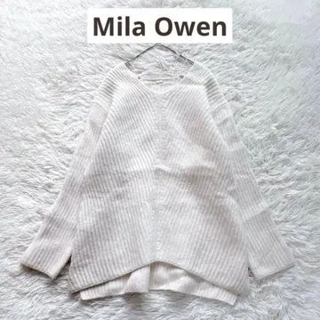 Mila Owen V넥 알파카 혼방 리브 편직 니트 아이보리 화이트