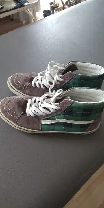 하이컷 스니커즈 브라운과 그린 체크