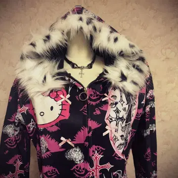 헤이세이 갸루 히메 스타일 헬로키티 퍼 부착 집업 후드티 Y2K