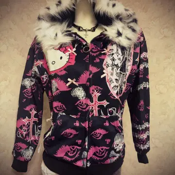 헤이세이 갸루 헬로키티 퍼 집업 후드티 Y2K