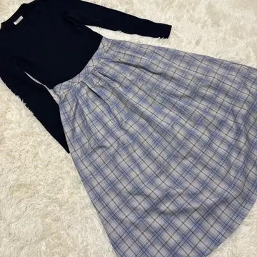 새상품급 네이비 체크 무늬 플레어 스커트 롱 원피스