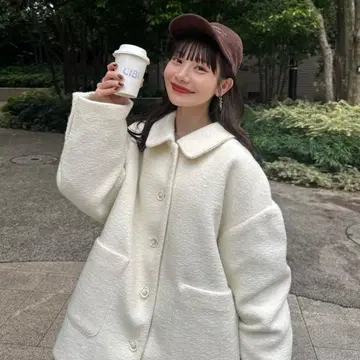 hinari 스탠 칼라 샤기 미들 코트 화이트 택 포함 미개봉 새상품