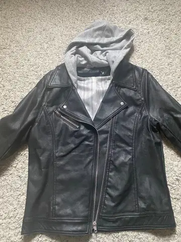 가죽 라이더 자켓 후드 부착 블랙