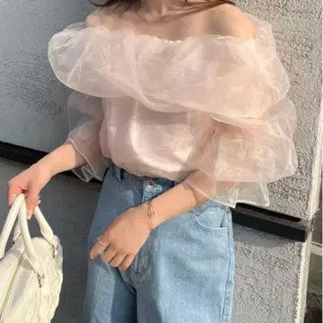 오프숄더 쉬폰 블라우스 M 핑크 오간 오프숄더 블라우스