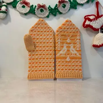 오렌지와 화이트 새 패턴 니트 미튼